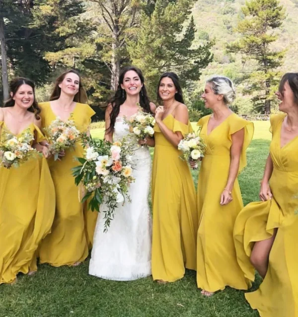 Yellow bridesmaid dresses for summer garden wedding, plus size options