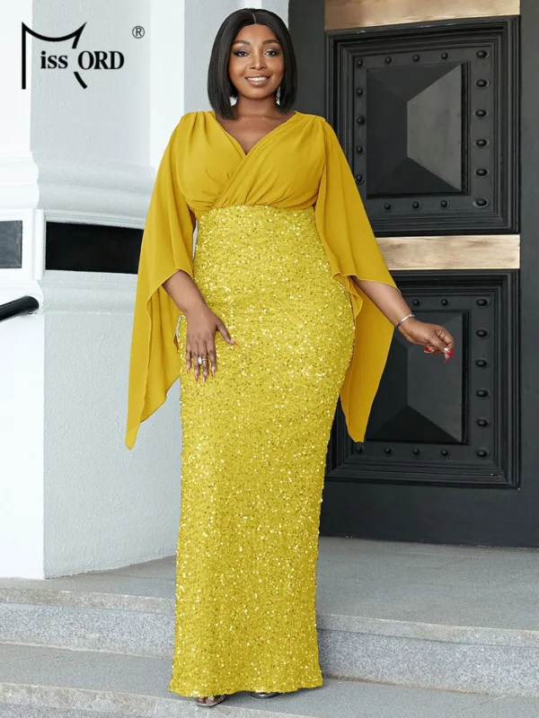 Yellow Bridesmaid Dresses V Neck Plus Size Flare Sleeve Gown