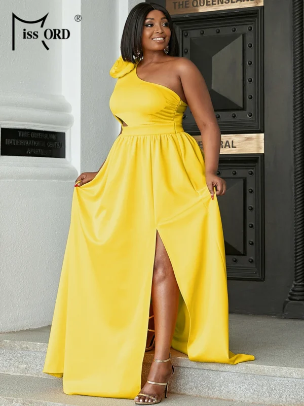 Yellow bridesmaid dresses, elegant one-shoulder, flower cutout, thigh split gown - Image 3