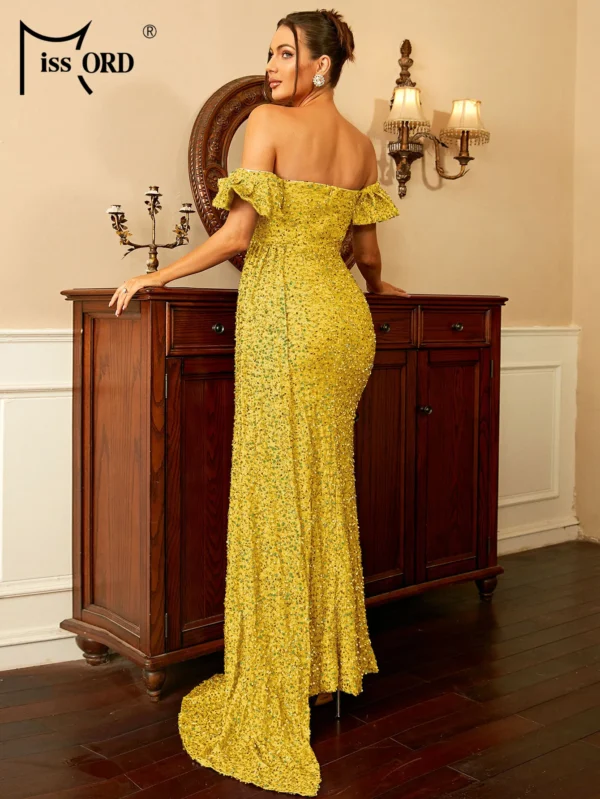 Yellow Bridesmaid Dresses: Off-Shoulder Sequin Evening Dress with Thigh Split - Image 3