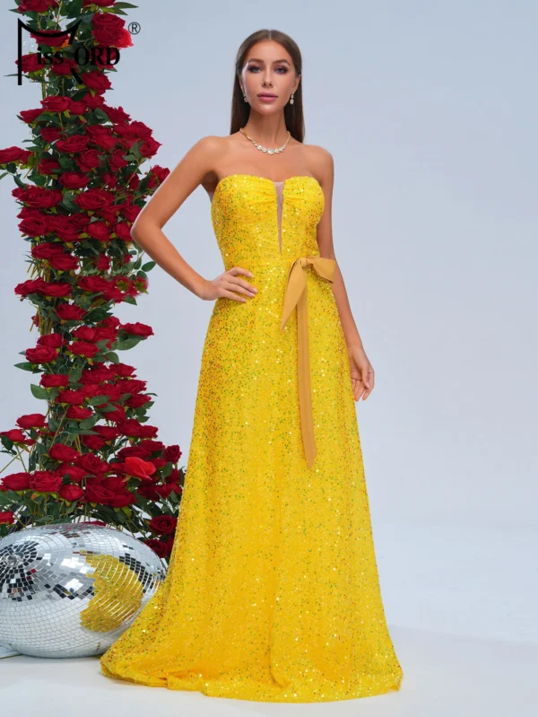 Yellow bridesmaid dresses strapless sequin A-line long evening gown