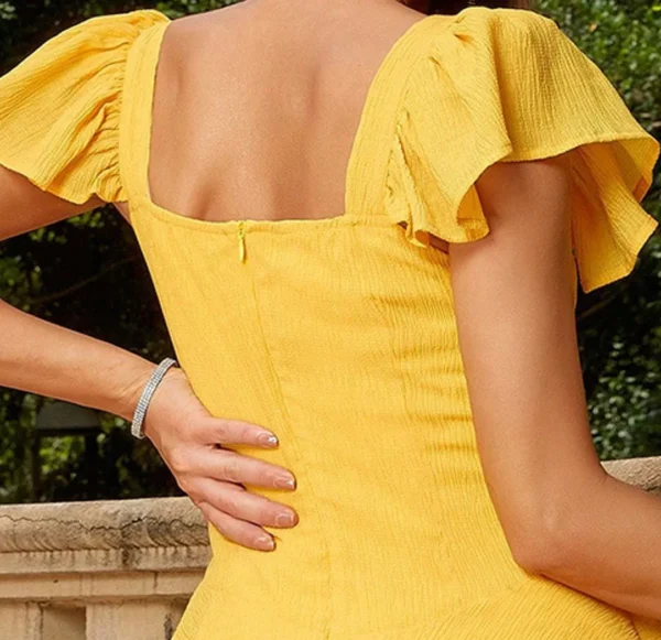 Yellow bridesmaid dresses, backless, square neck, short skirt, casual holiday style - Image 3