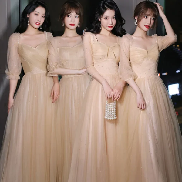 Elegant yellow bridesmaid dresses with half sleeves and A-line style