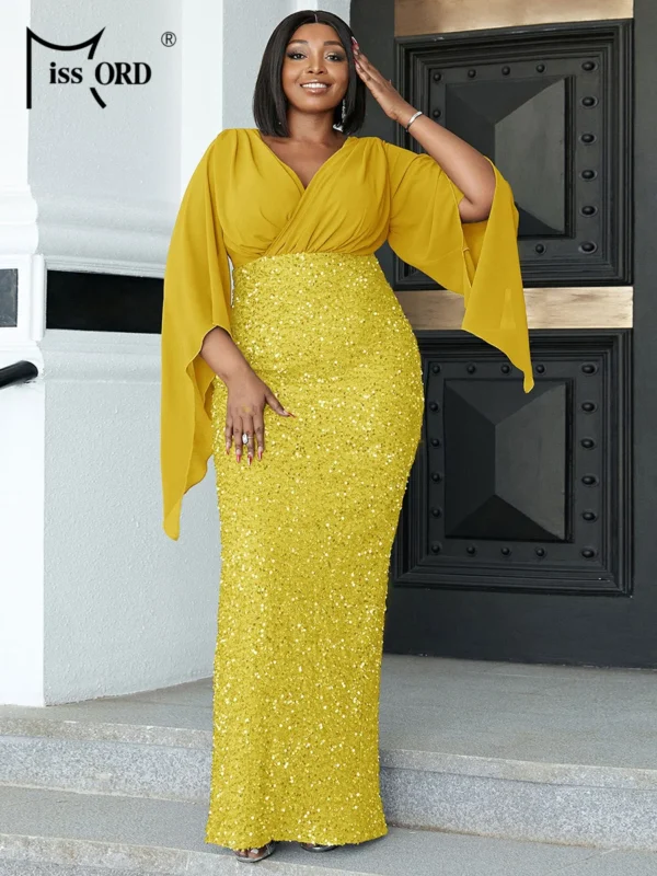 Yellow Bridesmaid Dresses V Neck Plus Size Flare Sleeve Gown - Image 3