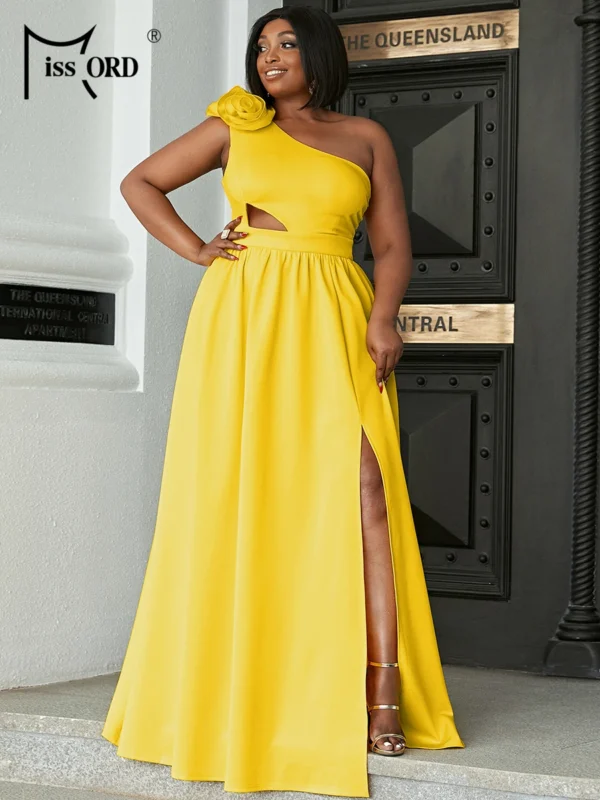 Yellow bridesmaid dresses, elegant one-shoulder, flower cutout, thigh split gown