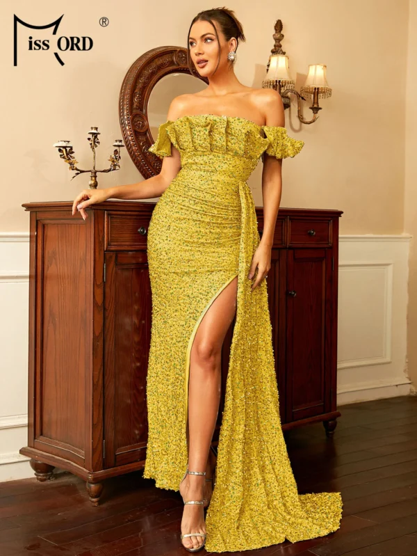 Yellow Bridesmaid Dresses: Off-Shoulder Sequin Evening Dress with Thigh Split - Image 5