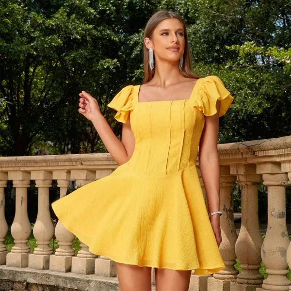 Yellow bridesmaid dresses, backless, square neck, short skirt, casual holiday style