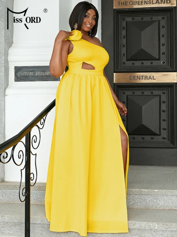 Yellow bridesmaid dresses, elegant one-shoulder, flower cutout, thigh split gown - Image 4