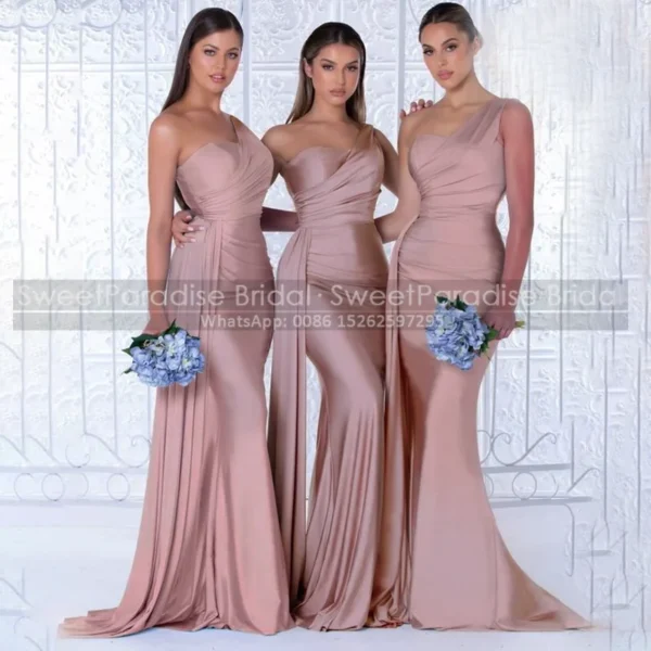 Pink bridesmaid dresses one-shoulder mermaid trumpet customized pleat long formal