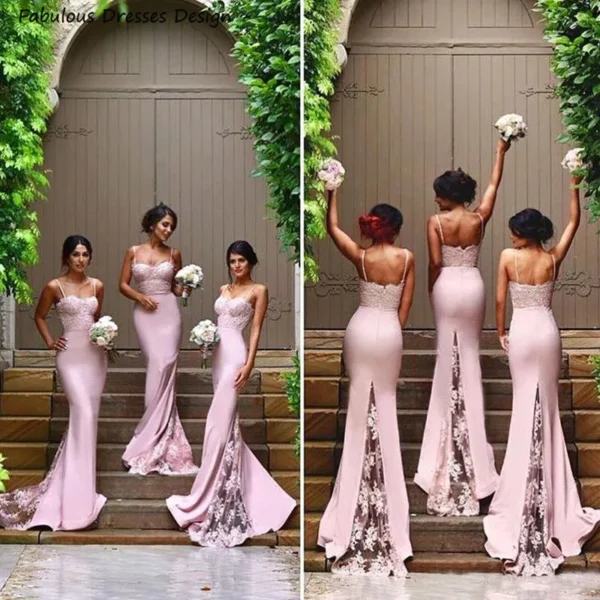 Pink Bridesmaid Dresses Lace Mermaid Long Sweetheart Neck Gown