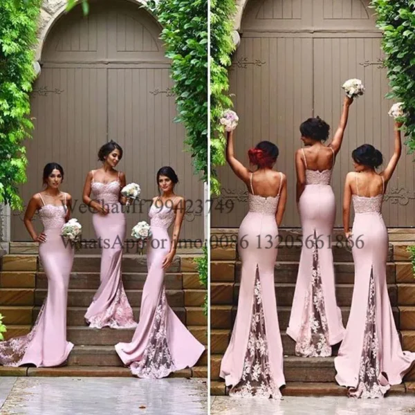 Pink Bridesmaid Dresses Lace Mermaid Long Sweetheart Neck Gown - Image 2