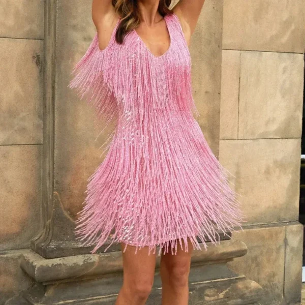 Party Pink Tassel Mini Y2K Dress Spaghetti Strap Sexy Prom 2025