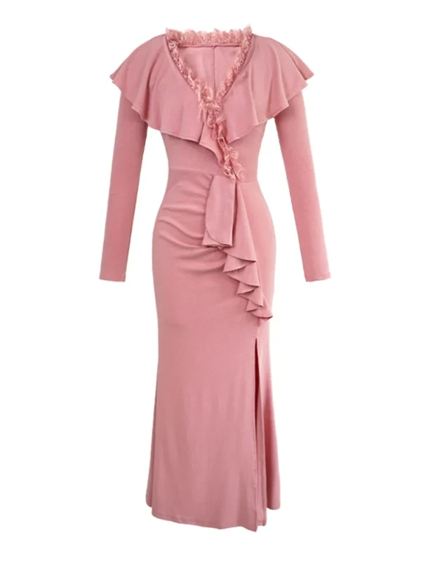 Pink Bridesmaid Dresses: Elegant V-Neck Fishtail Ruffle Long Dress - Image 3