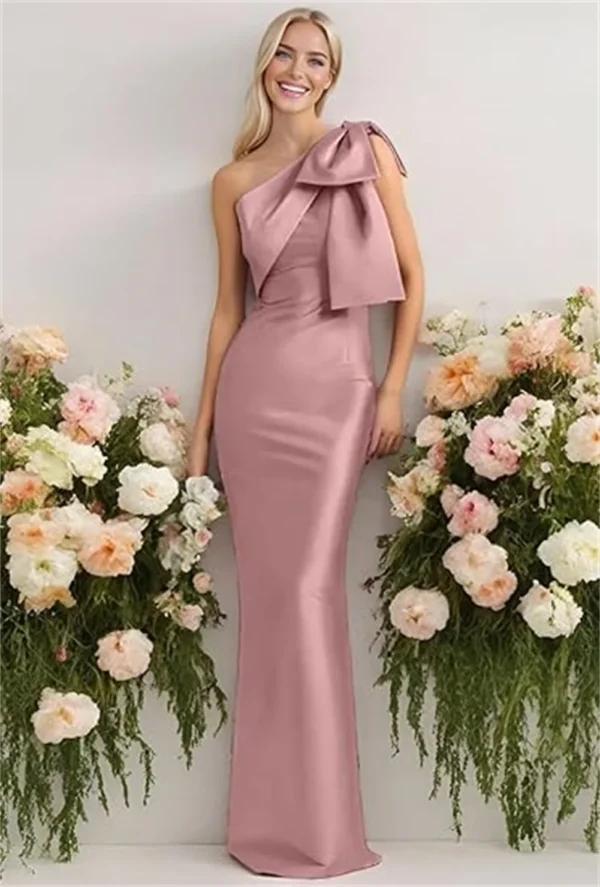 Pink Bridesmaid Dresses One Shoulder Satin Mermaid Gown With Bow