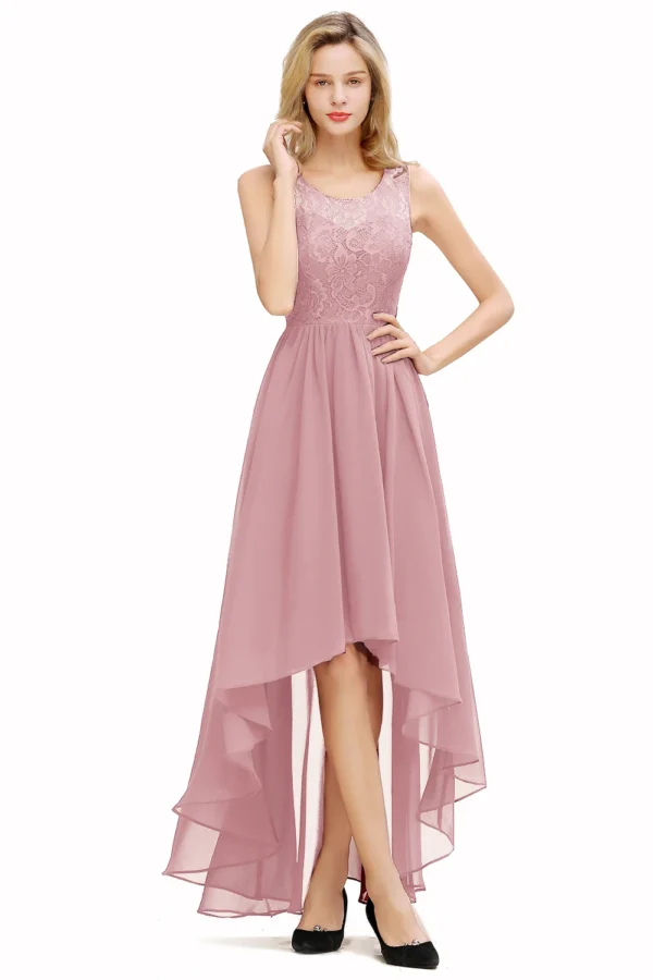 Pink Bridesmaid Dresses Chiffon High Low Sleeveless Lace Gown - Image 2