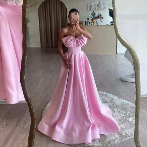 Pink bridesmaid dresses, light pink satin A-line strapless maxi gown - Image 2