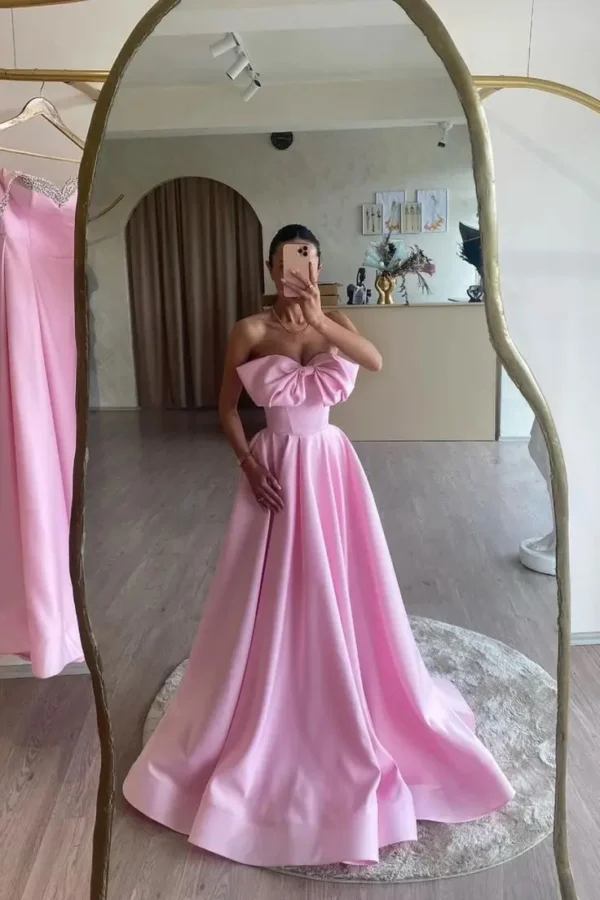 Pink bridesmaid dresses, light pink satin A-line strapless maxi gown - Image 3