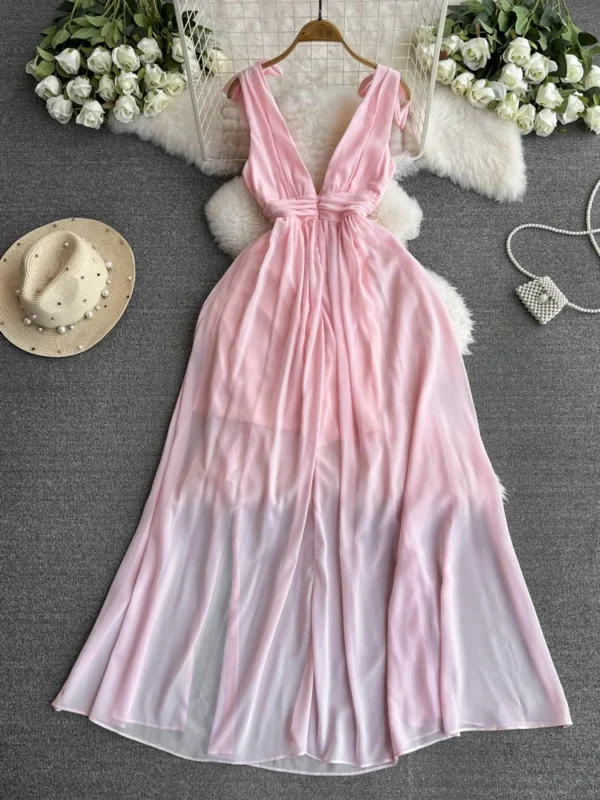 Pink Bridesmaid Dresses: Elegant Backless V-Neck Chiffon Gown - Image 4