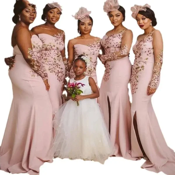 Pink Bridesmaid Dresses Long Sleeve Flowers Appliques Split Design - Image 2