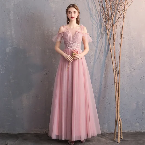 Pink Bridesmaid Dresses Chiffon Sleeveless Ankle-Length Wedding Party Gown - Image 5