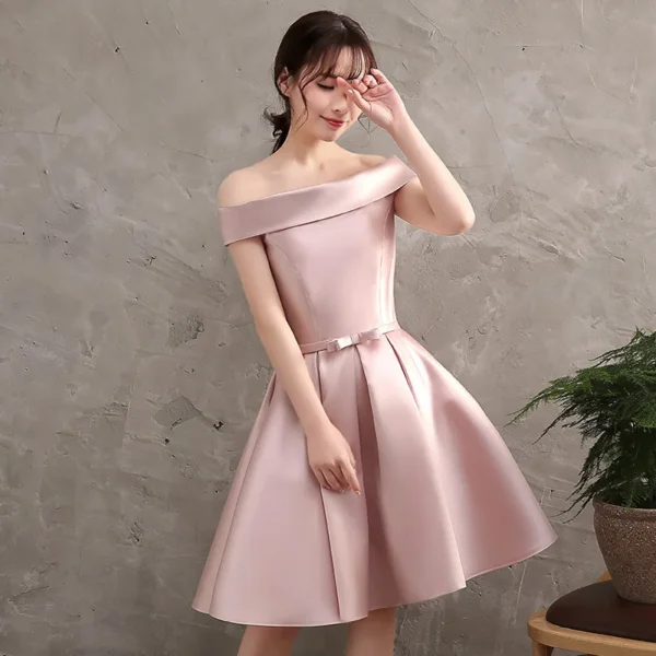 Bridesmaid Dresses Pink Off Shoulder Satin A-line Short Gown - Image 3