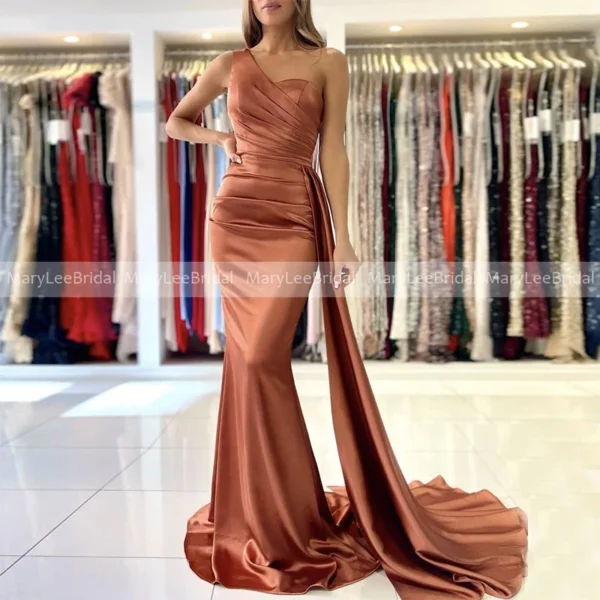 Brown Bridesmaid Dresses: One Shoulder Satin Mermaid Gown with Ribbon