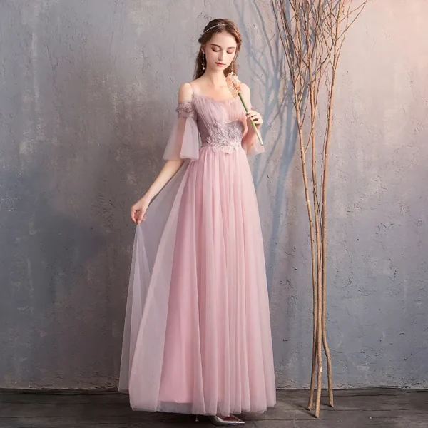 Pink Bridesmaid Dresses Chiffon Sleeveless Ankle-Length Wedding Party Gown