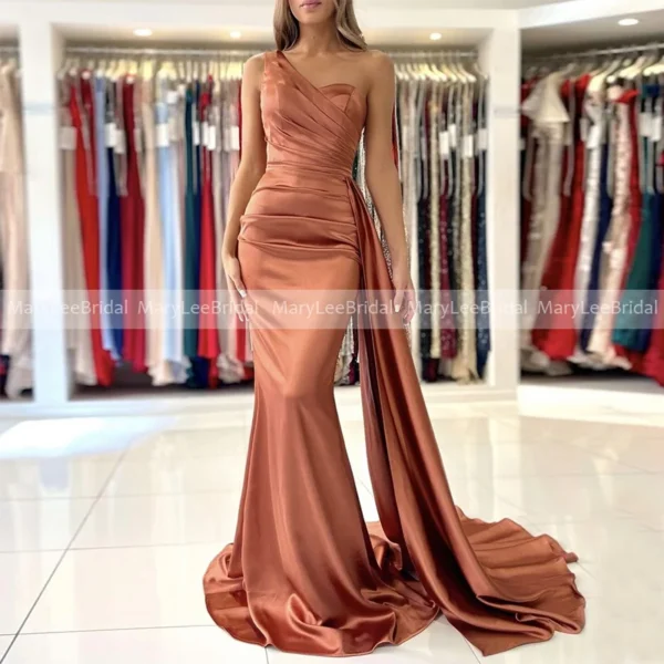 Brown Bridesmaid Dresses: One Shoulder Satin Mermaid Gown with Ribbon - Image 3