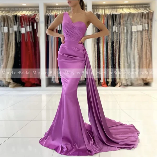 Brown Bridesmaid Dresses: One Shoulder Satin Mermaid Gown with Ribbon - Image 4