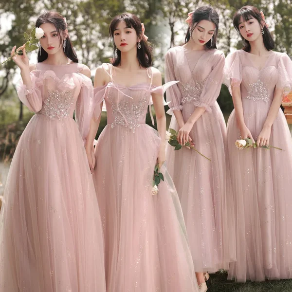 4 Styles Pink Bridesmaid Dresses Elegant Off Shoulder Applique Tulle Gown - Image 2