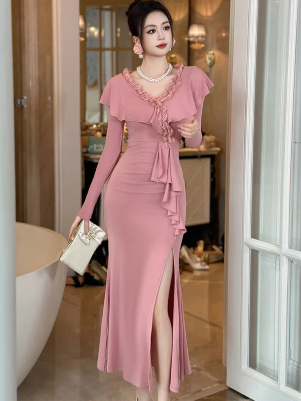 Pink Bridesmaid Dresses: Elegant V-Neck Fishtail Ruffle Long Dress - Image 5