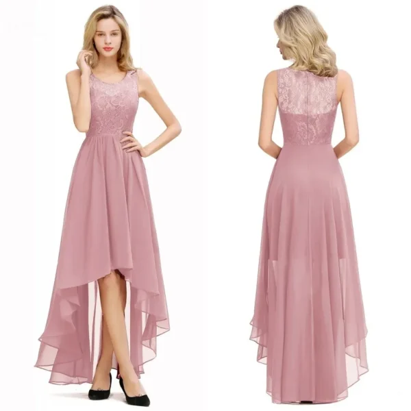 Pink Bridesmaid Dresses Chiffon High Low Sleeveless Lace Gown