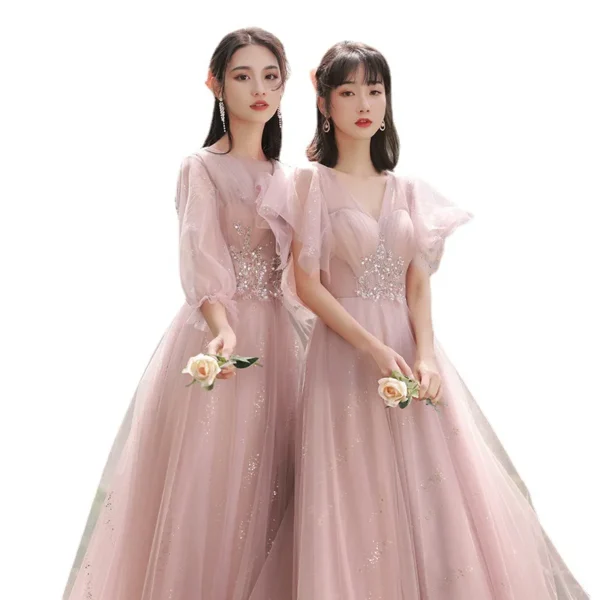 4 Styles Pink Bridesmaid Dresses Elegant Off Shoulder Applique Tulle Gown - Image 5