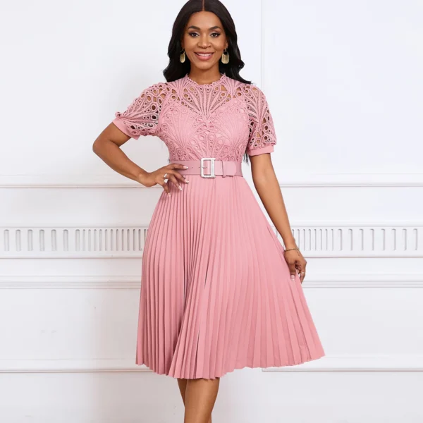 Pink Bridesmaid Dresses: Short-Sleeved Lace Splicing Pleated Spring Dress