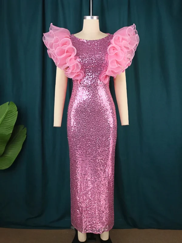 Pink Bridesmaid Dresses: Sleeveless Sequined Ruffle Luxury Party Gown - Image 3