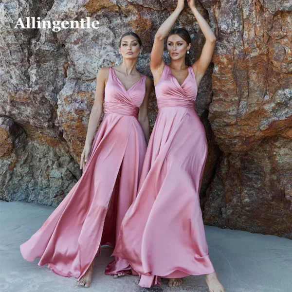 Pink Bridesmaid Dresses: V-Neck Satin Gown with Side Slit