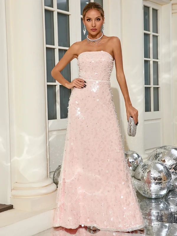 Pink Bridesmaid Dresses: Strapless Sequin Embroidered Backless Evening Gown - Image 4