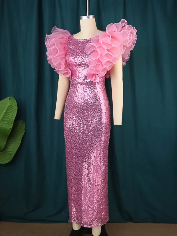 Pink Bridesmaid Dresses: Sleeveless Sequined Ruffle Luxury Party Gown - Image 2