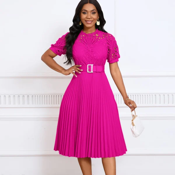 Pink Bridesmaid Dresses: Short-Sleeved Lace Splicing Pleated Spring Dress - Image 2