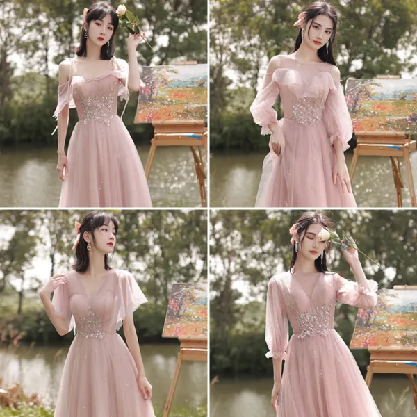 4 Styles Pink Bridesmaid Dresses Elegant Off Shoulder Applique Tulle Gown - Image 3