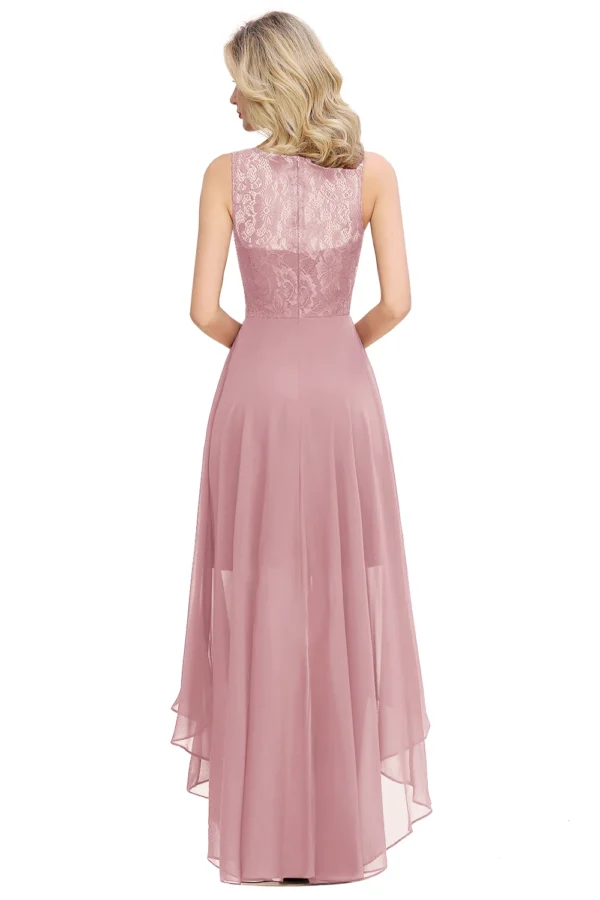 Pink Bridesmaid Dresses Chiffon High Low Sleeveless Lace Gown - Image 3